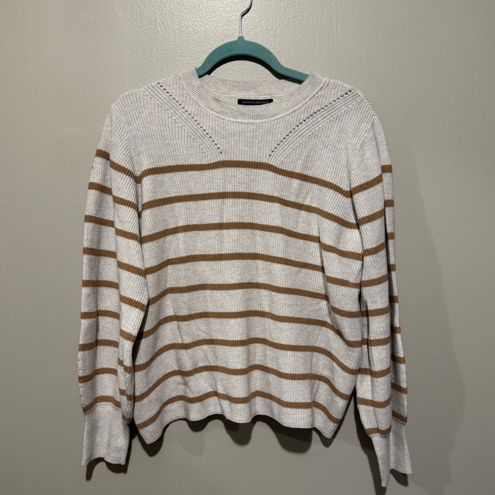 Banana Republic Brown Beige Striped Copper Sleeve Knit Pullover Sweater Size XL
